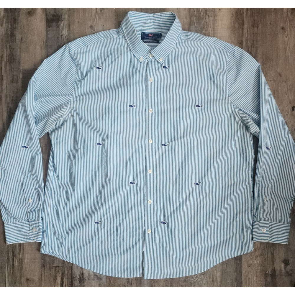 Vineyard Vines Button Down Shirt Mens XXL Blue Striped Slim Fit Whale Shirt